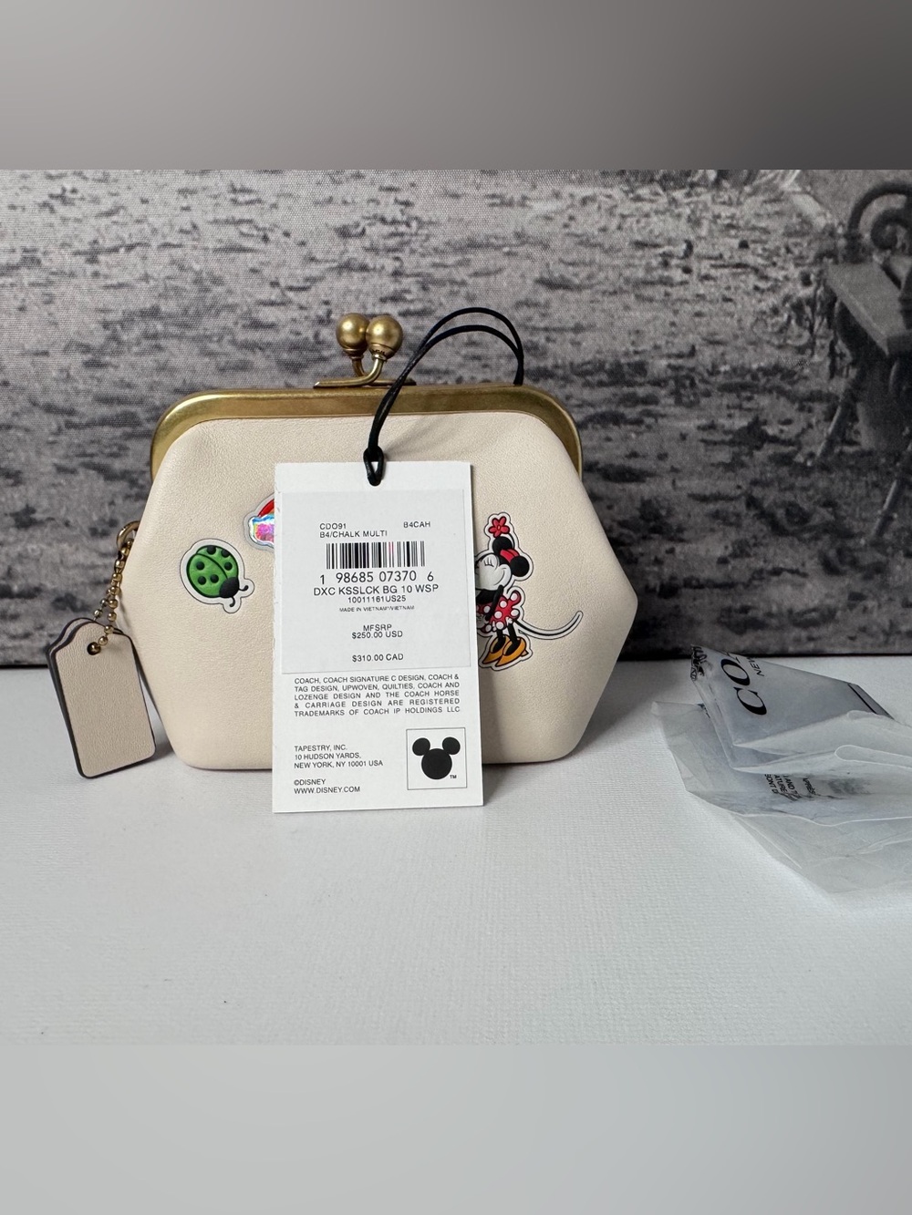 NWT Coach x Disney Kisslock Frame Bag 10 with Sticker Print Chalk CDO91 - Picture 9 of 11